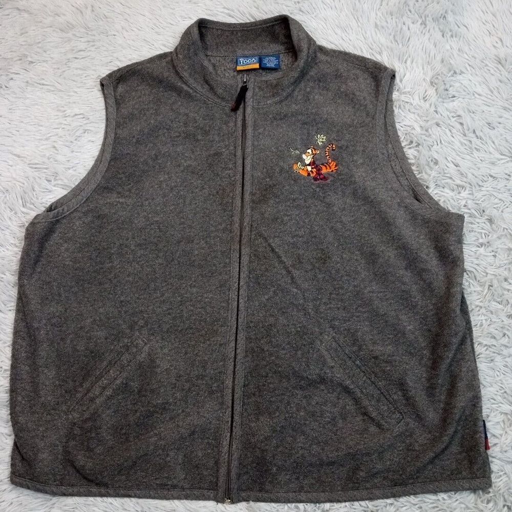 Pooh Vest Womens 2X Gray Tiger Embroidery Zip Up Pockets Soft‎ Comfort Casual
